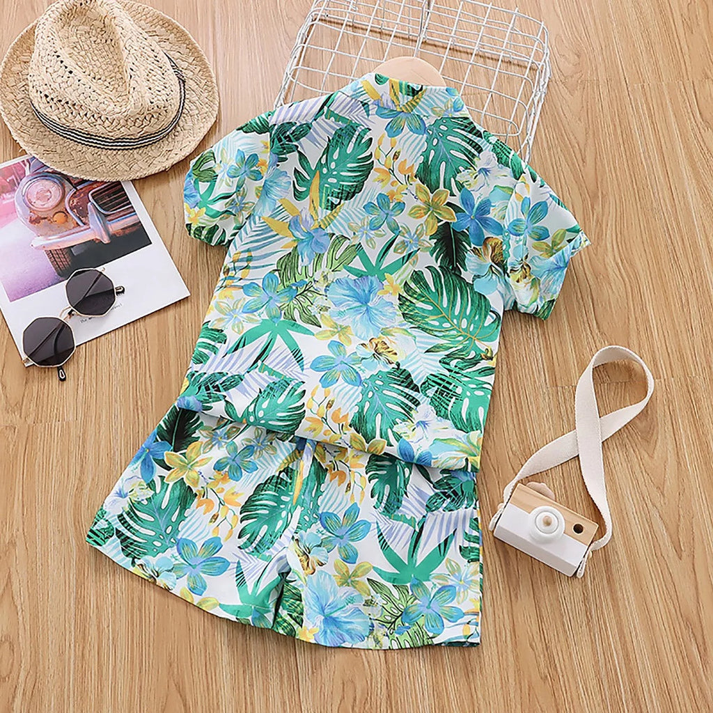 Summer Floral Print Button Down Shirt and Shorts