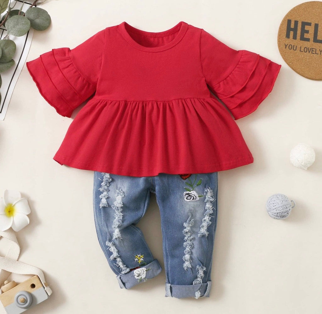 2 pcs Red Bell Sleeve Top with Floral Denim Jeans Set