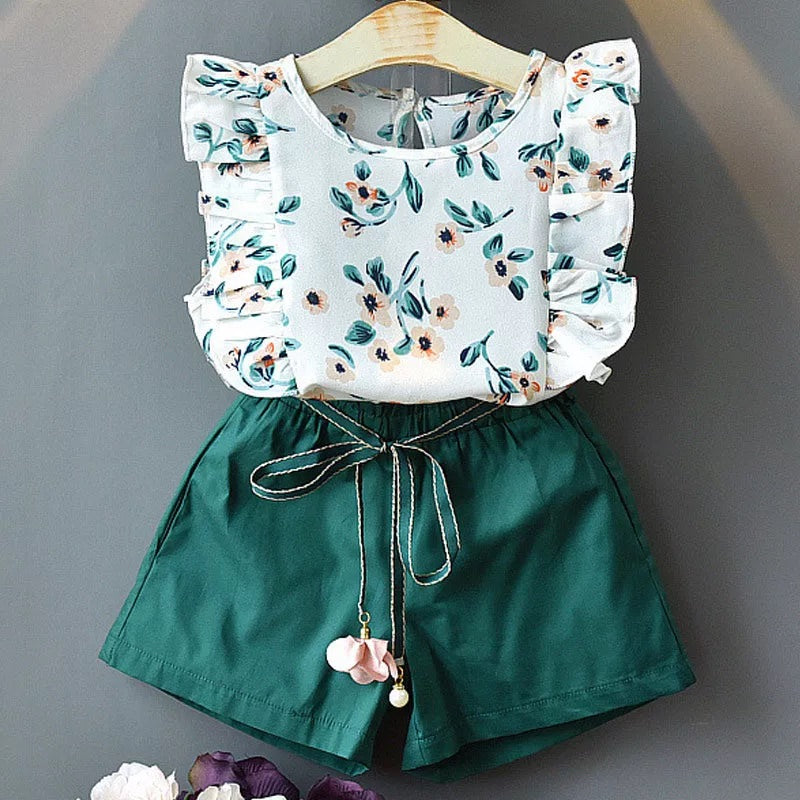 2-Piece Green Floral Ruffled Top and Solid Belted Shorts