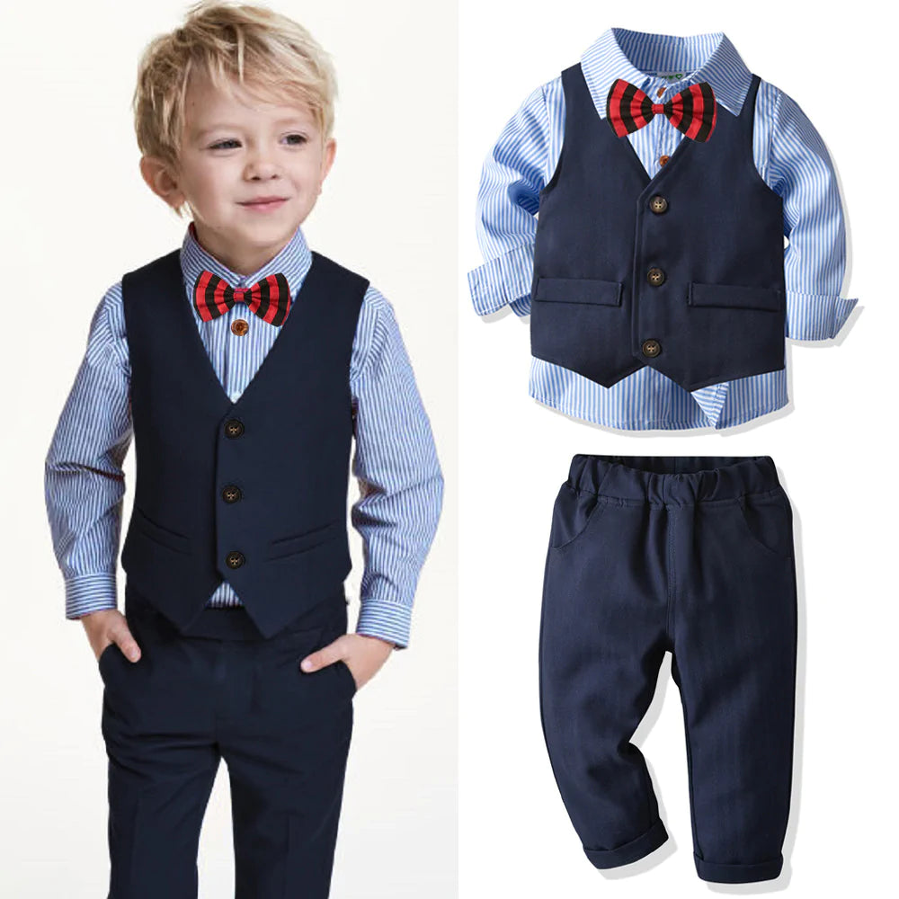 3 Pieces Set Baby Kid Boys Dressy Party Striped Bow Shirts And Solid Color Vests Waistcoats And Pants Suits