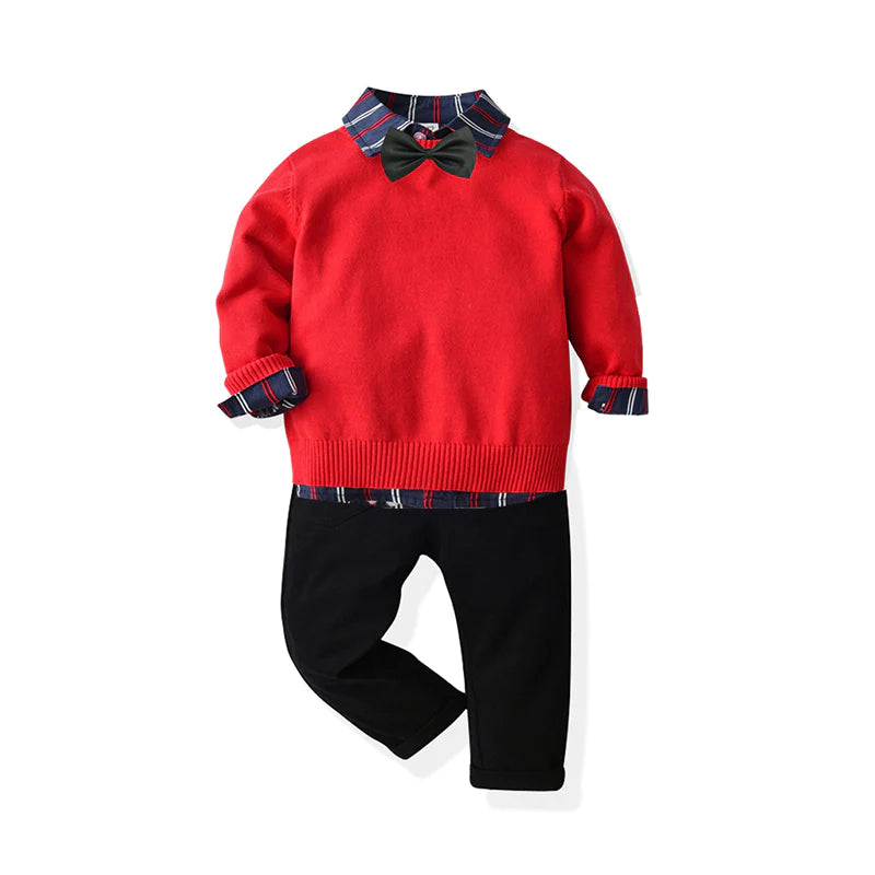 3 Pieces Set Baby Kid Boys Striped Bow Shirts Solid Color Pants And Crochet Sweaters