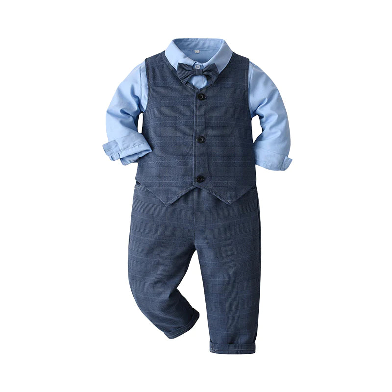 3 Pieces Set Baby Kid Boys Dressy Solid Color Bow Shirts Checked Vests Waistcoats And Pants