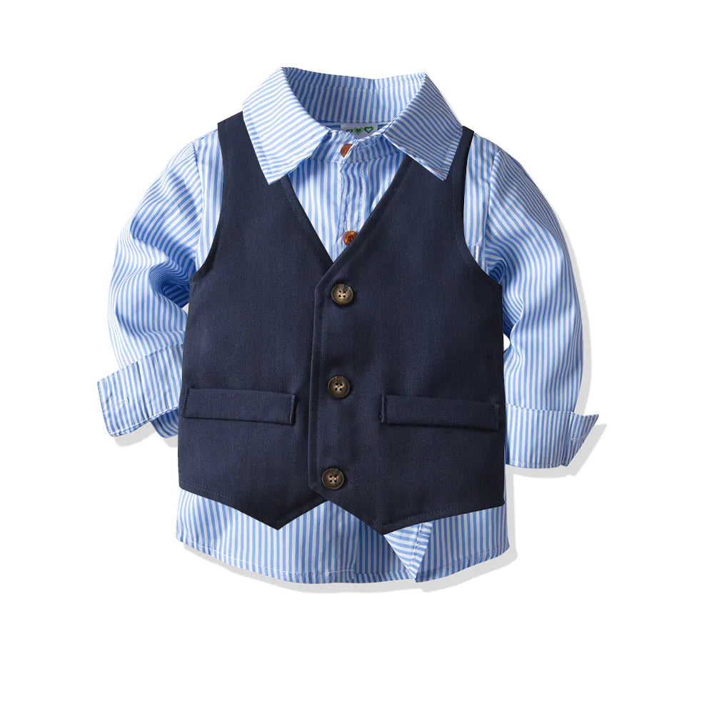3 Pieces Set Baby Kid Boys Dressy Party Striped Bow Shirts And Solid Color Vests Waistcoats And Pants Suits